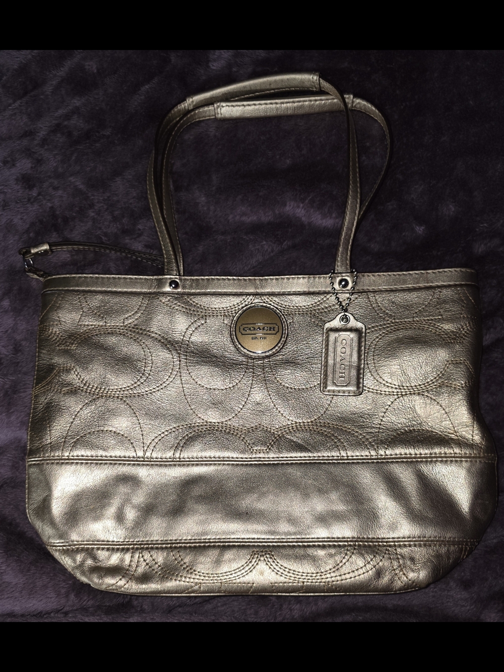 Vintage Coach Signature Stripe Stitch Metallic Gold Leather Tote  - EUC